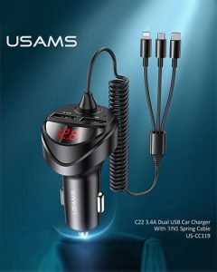 USAMS 3.4A Dual USB Car Phone Quick Charger With 3 IN 1 Usb Type C